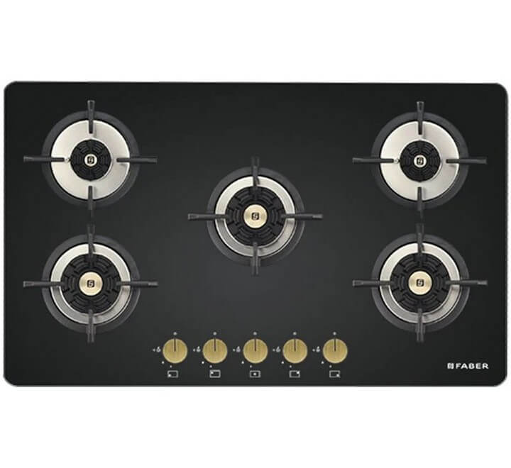 Faber Hob/Hobtop 5 Brass Burner Auto Electric Ignition Glass Top (Maxus HT905 CRS BR CI AI) Black (MAXUSHT905CRSBRCIAI)